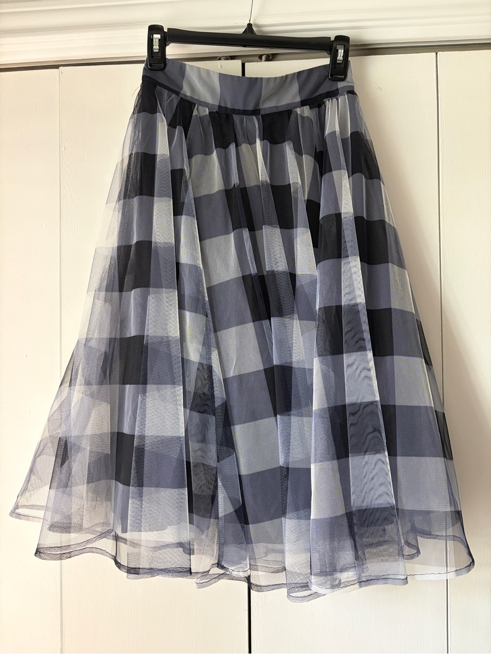 Gingham Mesh Midi Skirt in Blue and Gray